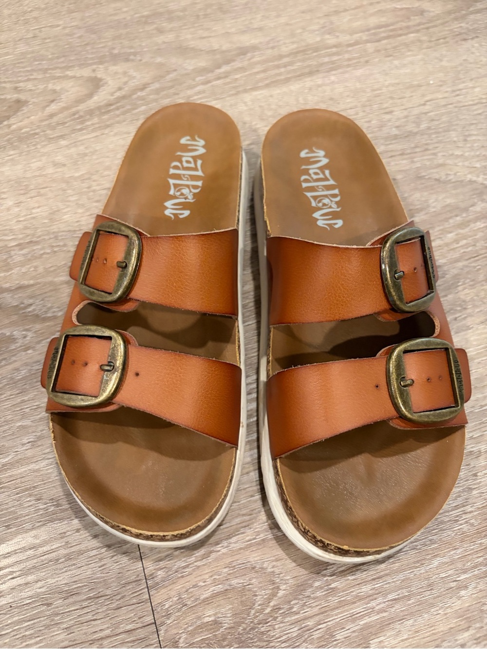 Kids Double-Buckle Tan Slide Sandals